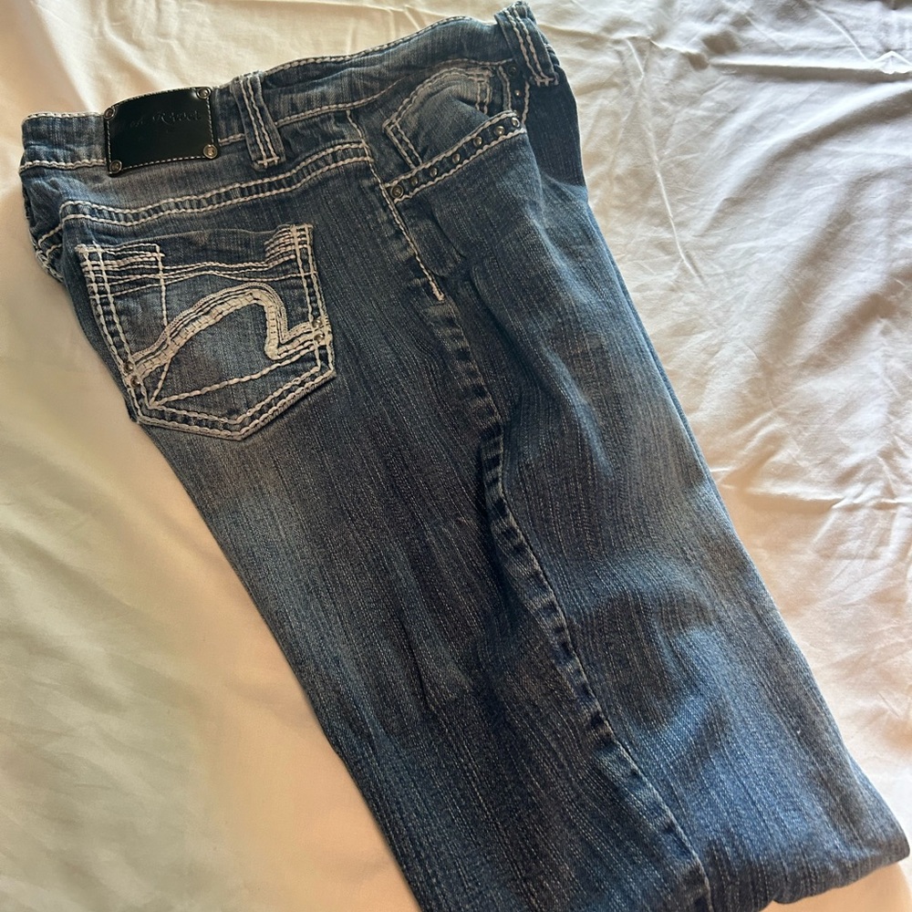Blue Straight Leg Jeans with Contrast Stitching red rivet size 13 M